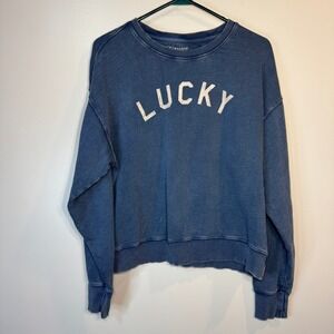 Lucky Brand Crewneck Sweatshirt Womens Med Distressed Washed‎ Blue Graphic Comfy